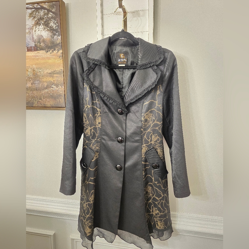 Black Floral Women's Long Coat Halloween Costume Unique Coat